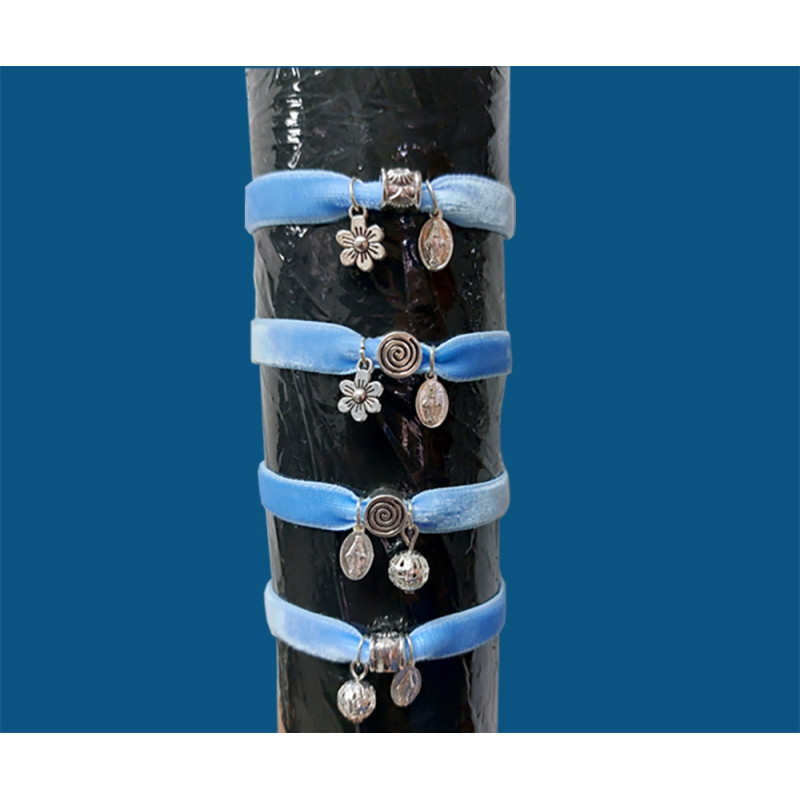 [77777] Mod.202 Pulsera elástica de terciopelo con abalorios surtido y medalla Virgen Milagrosa con baño de plata
