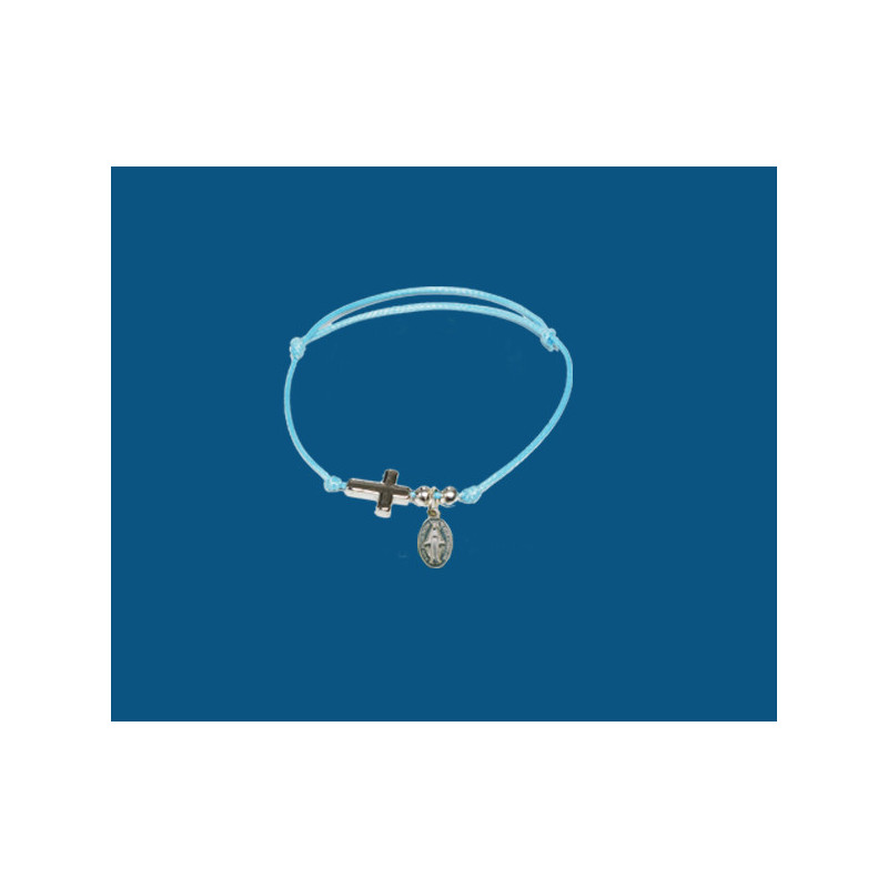 [77777] Mod.201 Pulsera de hilo con cruz y medalla Virgen Milagrosa en baño de plata