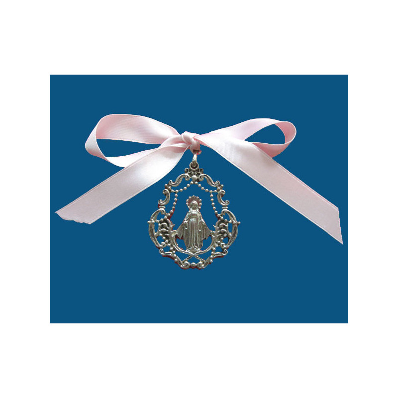 [77777] Mod.725 Medalla cuna lira en plata vieja con lazo rosa V. Milagrosa.(65mm)