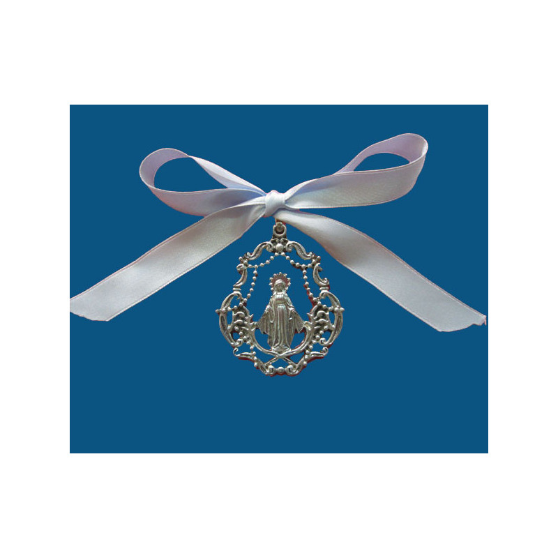 [77777] Mod.724 Medalla cuna lira en plata vieja con lazo azul V. Milagrosa.(65mm)